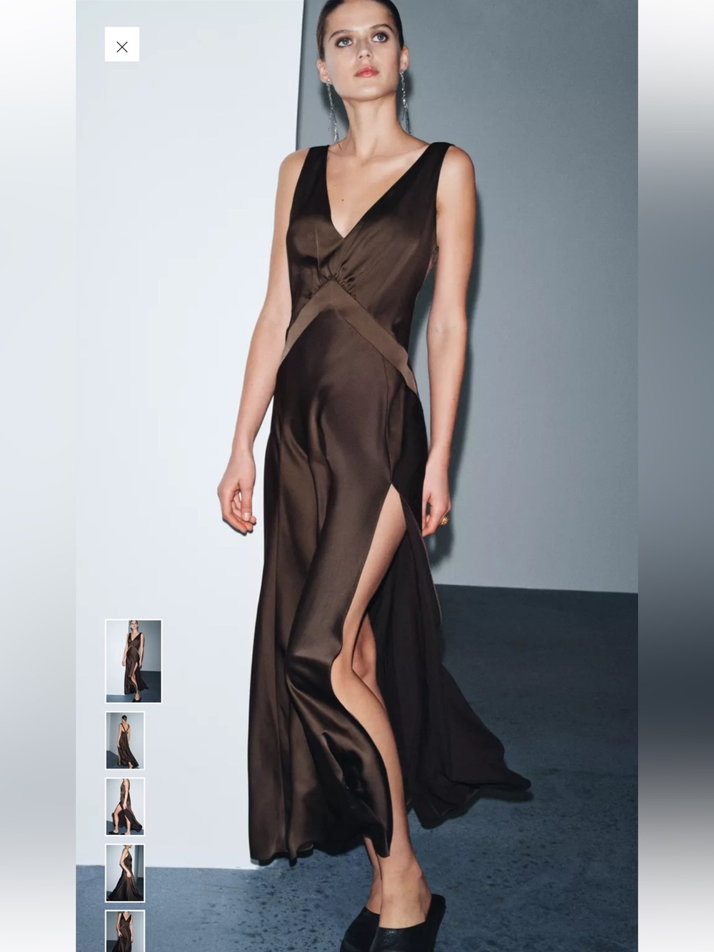 Zara size M Satin V-Neck Side-Slit Evening  maxi Dress - Brown